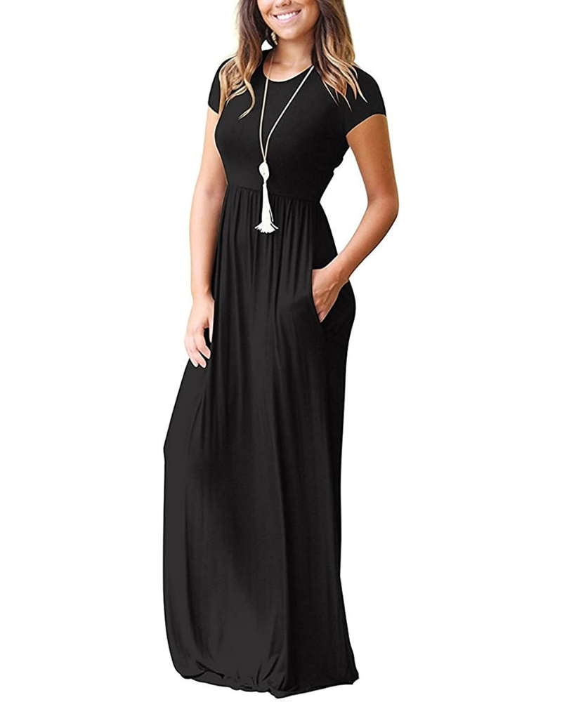 Delphine Abito Maxi Femme – Robe Longue avec Col Rond, Taille Haute et Poches