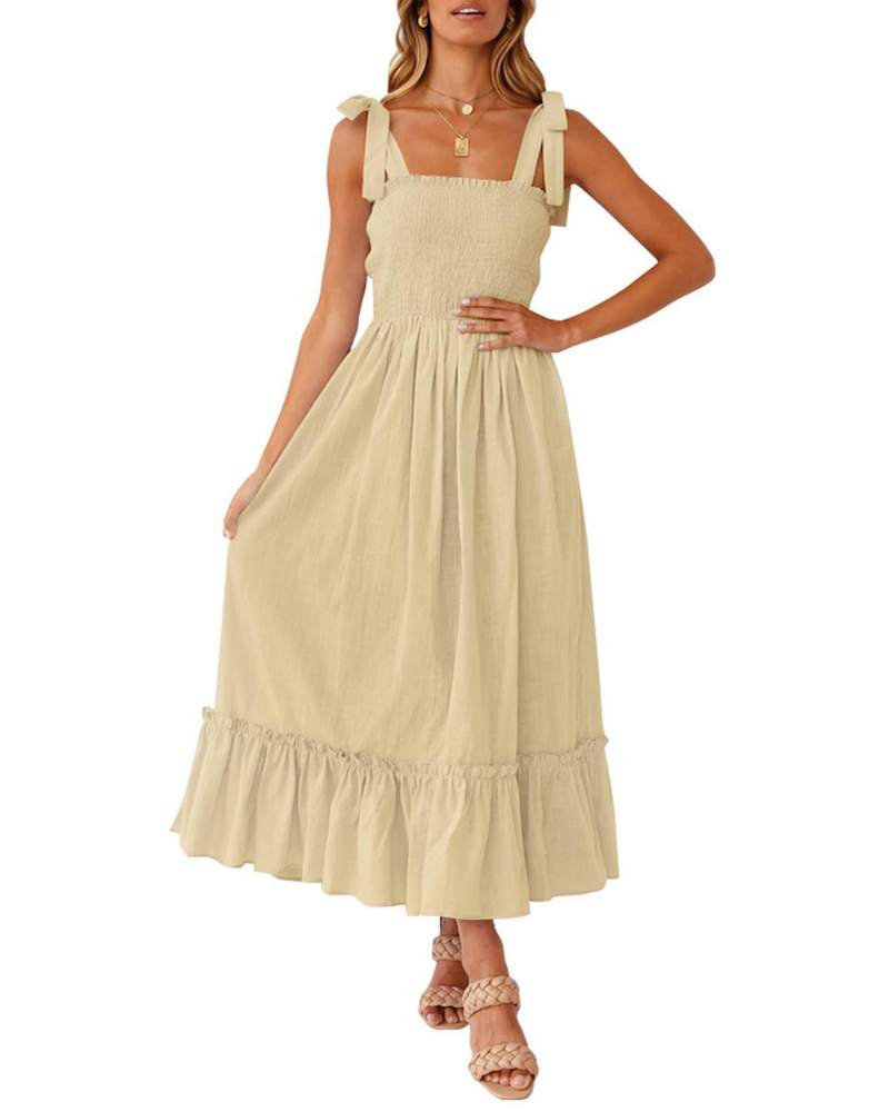 Amelia Women's Dress – Boho Floral Dress with Tied Straps, Smocked Bust & Tiered Skirt
