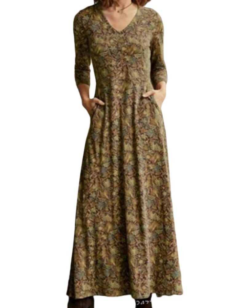 Holly Abito Maxi Damski – Sukienka Boho w Kwiaty z Dekoltem w Serek, Długimi Rękawami i Kieszeniami