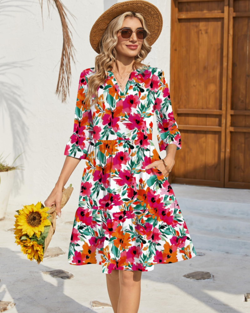 Vestido de verano para mujer Nicole – Vestido línea A con escote en V, volantes y bolsillos