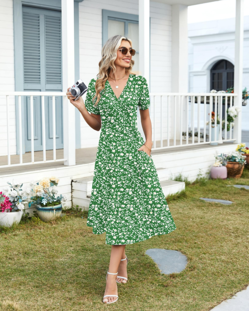 Heather Abito midi da donna floreale – scollo a V, vita alta, maniche corte e tasche