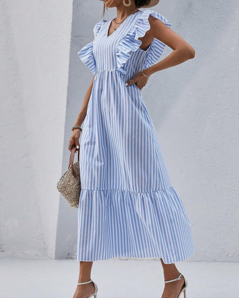 Madeline Women’s Maxi Dress – Blue and White Stripes, Ruffles, V-Neck, and Tiered Skirt