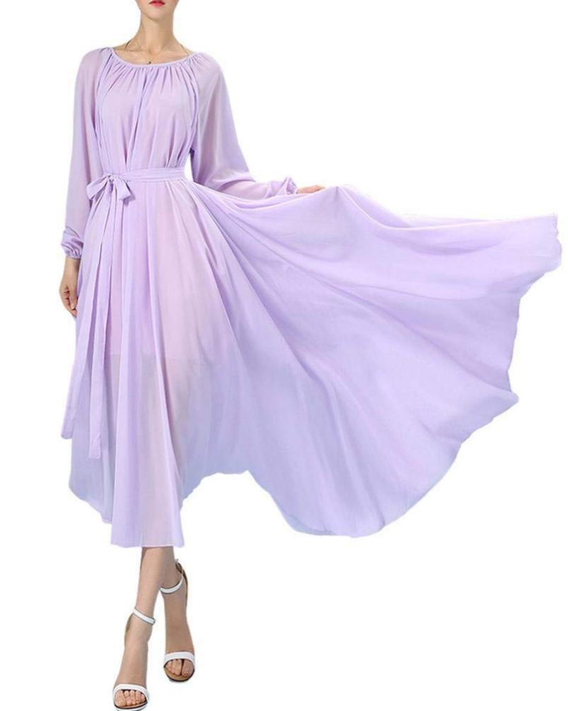 Victoria Abito Donna – Vestido Maxi con Mangas Largas Fluidas, Cuello Redondo y Cinturón en la Cintura