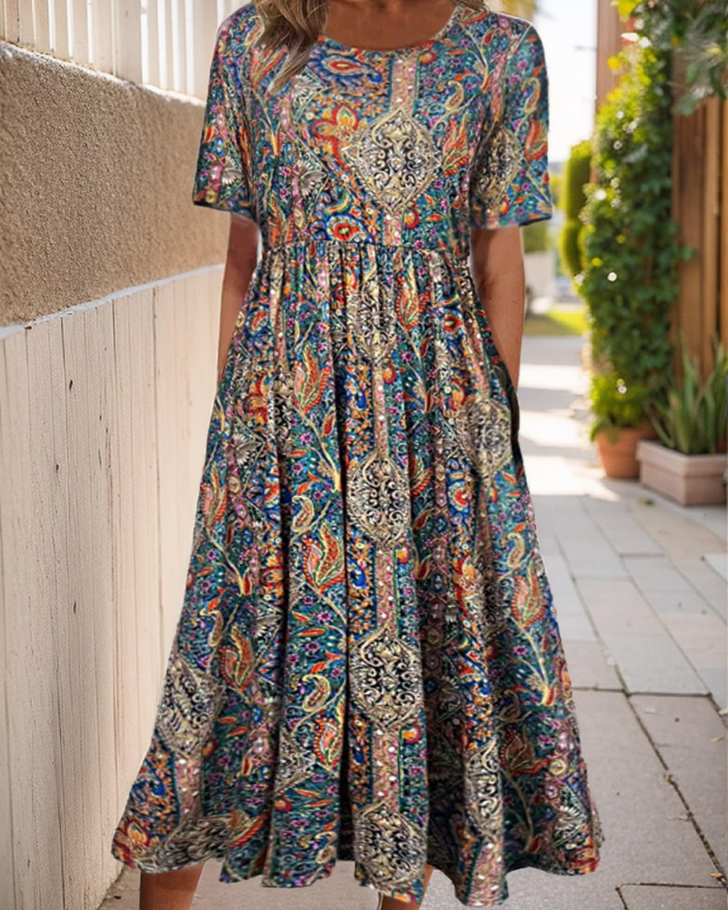 Marlowe Women’s Midi Dress – Floral Print, Square Neckline, Pockets and Flared Silhouette