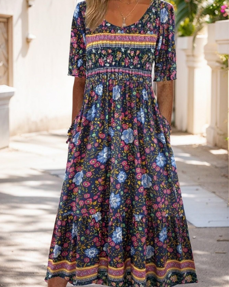Marlowe Women’s Midi Dress – Floral Print, Square Neckline, Pockets and Flared Silhouette