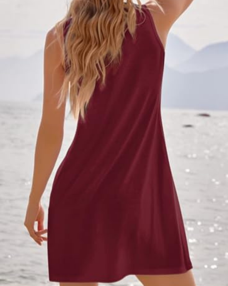 Freya Robe courte pour femme – Sans manches, col en U, jupe plissée et coupe trapèze