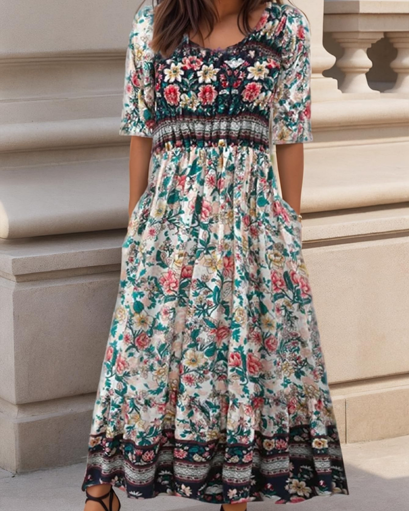 Marlowe Women’s Midi Dress – Floral Print, Square Neckline, Pockets and Flared Silhouette