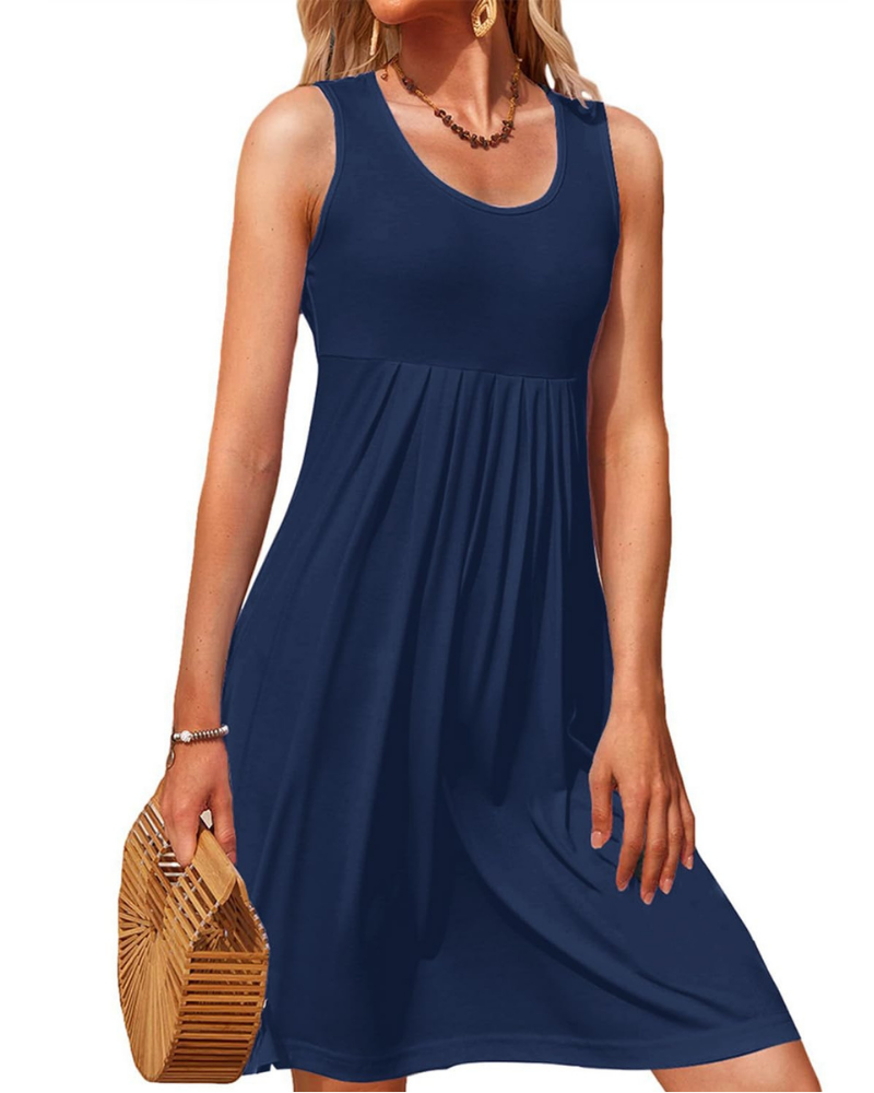 Freya Robe courte pour femme – Sans manches, col en U, jupe plissée et coupe trapèze
