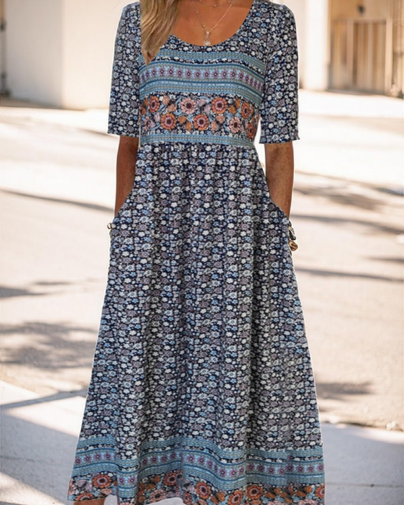 Marlowe Women’s Midi Dress – Floral Print, Square Neckline, Pockets and Flared Silhouette
