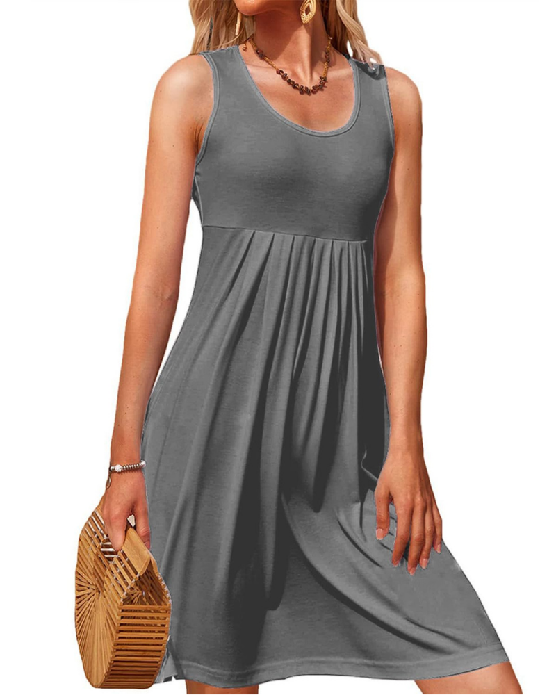 Freya Robe courte pour femme – Sans manches, col en U, jupe plissée et coupe trapèze