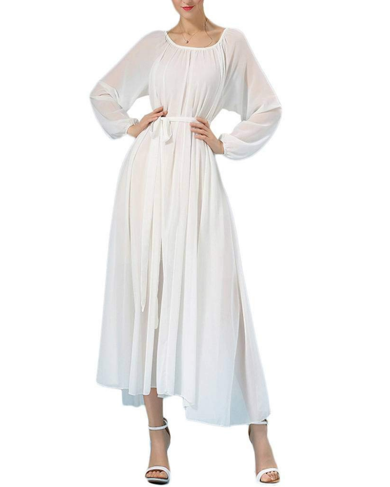Victoria Abito Donna – Vestido Maxi con Mangas Largas Fluidas, Cuello Redondo y Cinturón en la Cintura