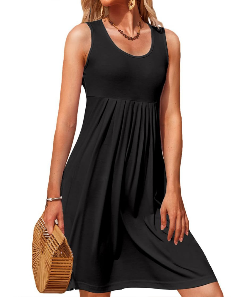 Freya Robe courte pour femme – Sans manches, col en U, jupe plissée et coupe trapèze