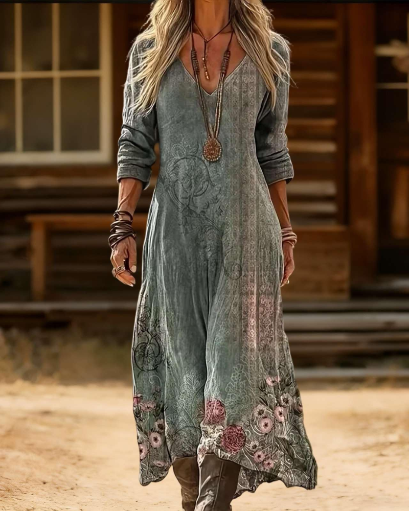 Eleanor Abito maxi damska boho – dekolt w serek, rękawy 3/4 i kieszenie