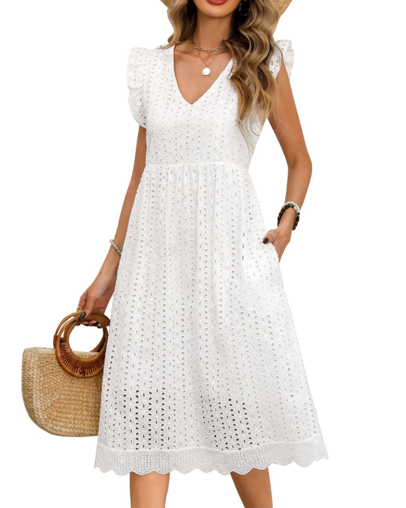 Ottilie Women's Midi Dress in Cotton – V-Neck, Puff Sleeves, and Pockets