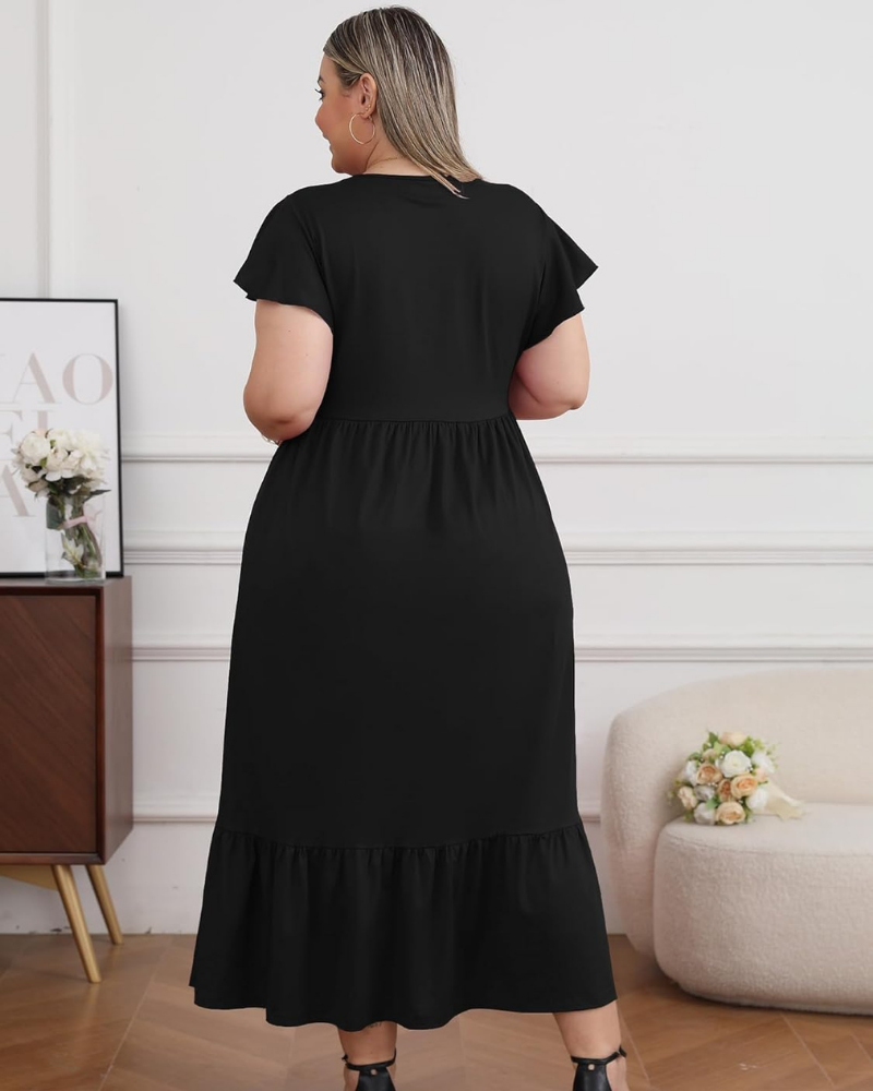 Avery Curvy Women's Maxi Dress – High Waist, Ruffled Sleeves and Side Pockets
