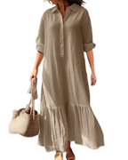 Brooke Long Dress for Women – Cotton and Linen Dress with Collar and Asymmetric Hem