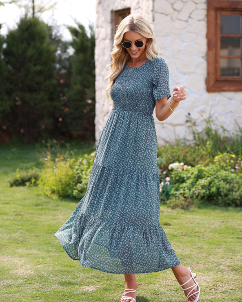 Sophia Women's Maxi Dress – Boho Dress with Floral Print, Ruched Waist & Ruffled Hem