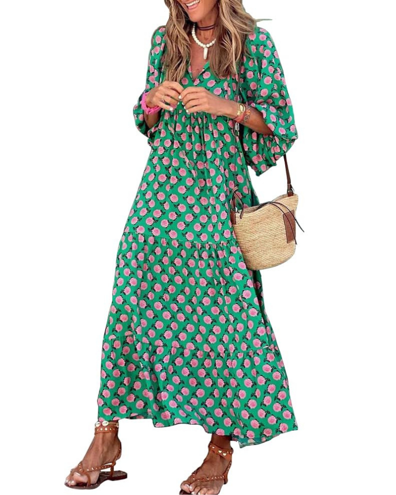 Clara Vestido de Mujer – Vestido Maxi Bohemio con Escote en V, Manga Tres Cuartos y Estampado Geométrico