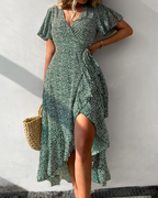 Evangeline Women's Floral Maxi Dress – Wallet, V-Neck, and Ruffles