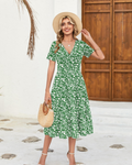 Heather Floral Women’s Midi Dress – V-Neck, High Waist, Short Sleeves, and Pockets