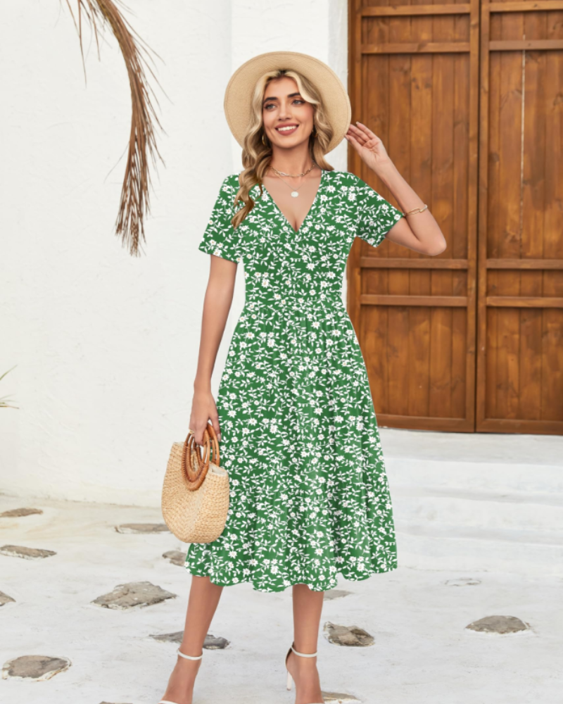 Heather Abito midi da donna floreale – scollo a V, vita alta, maniche corte e tasche