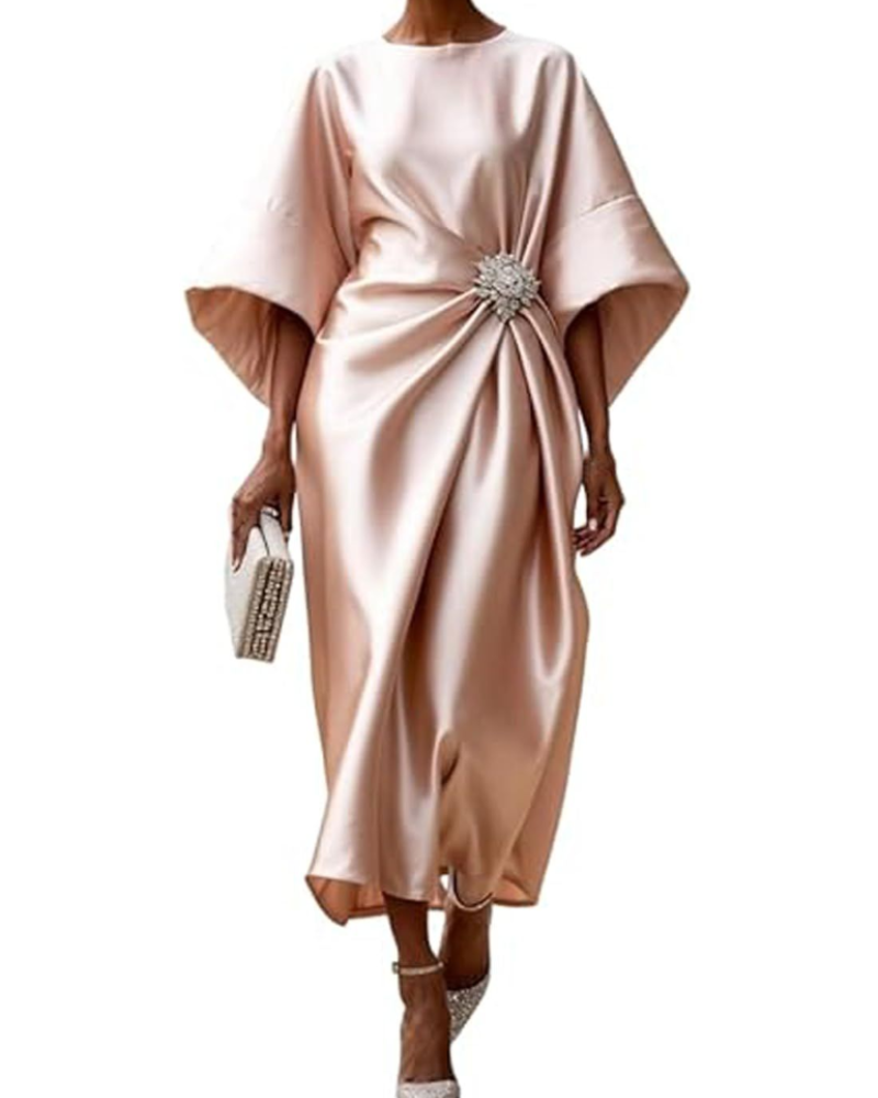 Natalie Abito Maxi Woman – Elegant Satin Dress with Batwing Sleeves and Draped Waist