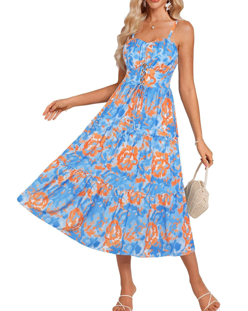 Robe midi pour femme Meredith – imprimé floral, bretelles réglables, dentelle et poches