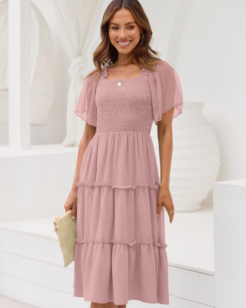 Madison női midi ruha – Chiffon ruha négyzet alakú nyakkivágással és fodrokkal
