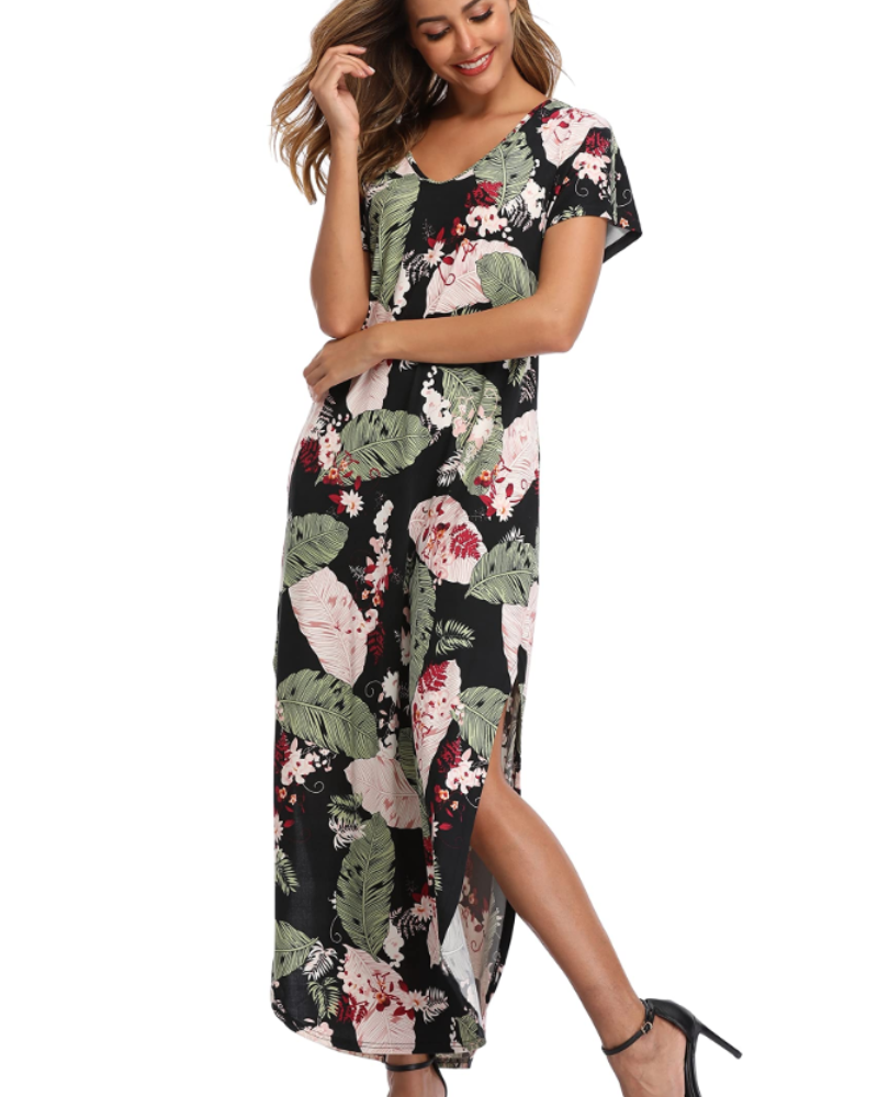 Clara Rochie Damă – Rochie Maxi Florală cu Mâneci Scurte, Spărtură și Buzunare