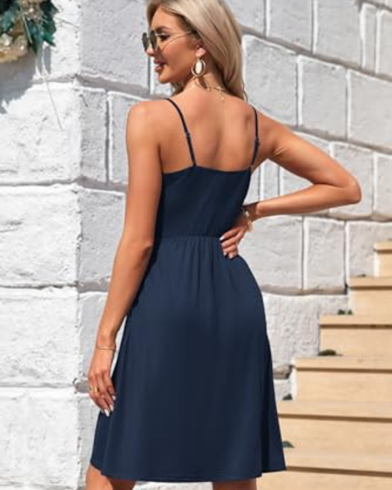 Everly Vestido Corto de Mujer – Escote en V, Tirantes Finos y Bolsillos Laterales