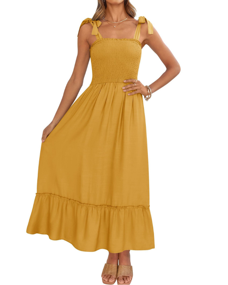 Amelia Women's Dress – Boho Floral Dress with Tied Straps, Smocked Bust & Tiered Skirt
