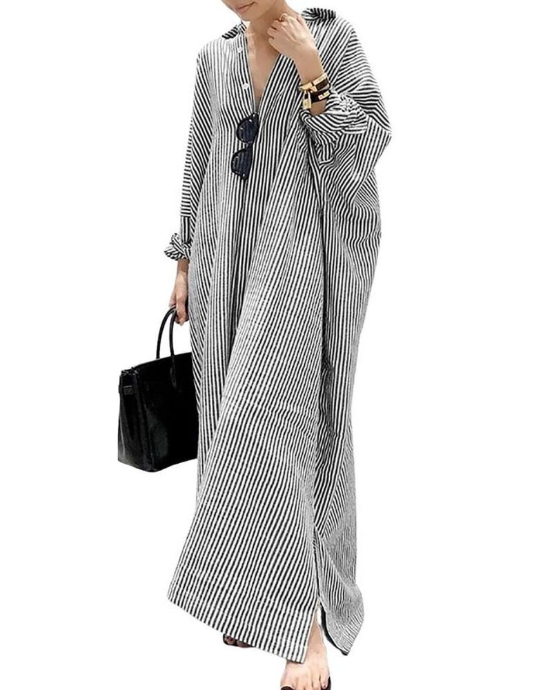 Vestido Maya para mujer – Vestido camisa maxi a rayas con cuello, botones y tela ligera