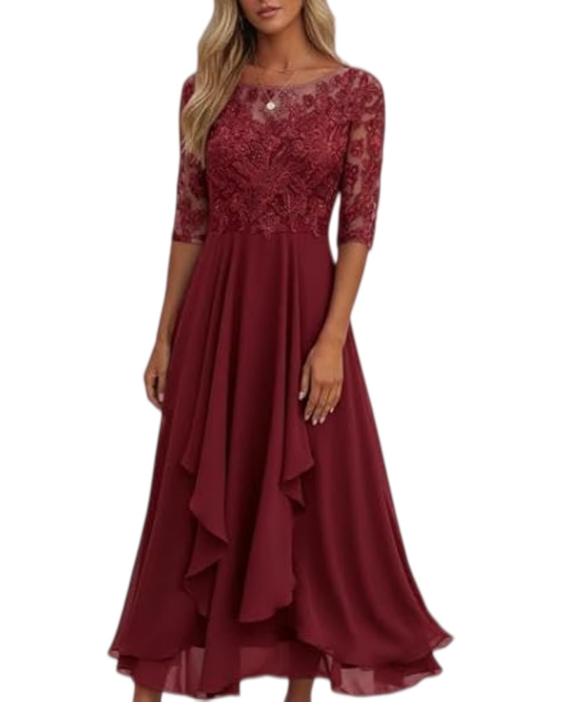 Victoria Women's Midi Dress – Lace and Chiffon Dress with Half Sleeves