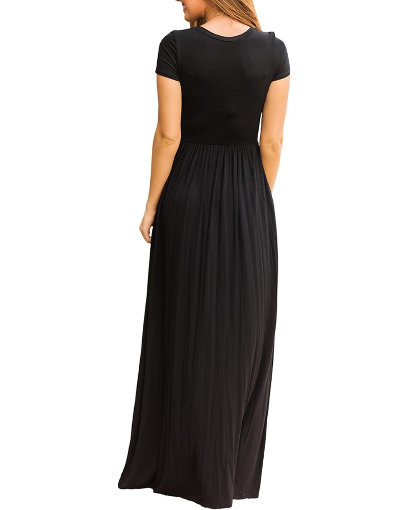 Delphine Abito Maxi Femme – Robe Longue avec Col Rond, Taille Haute et Poches