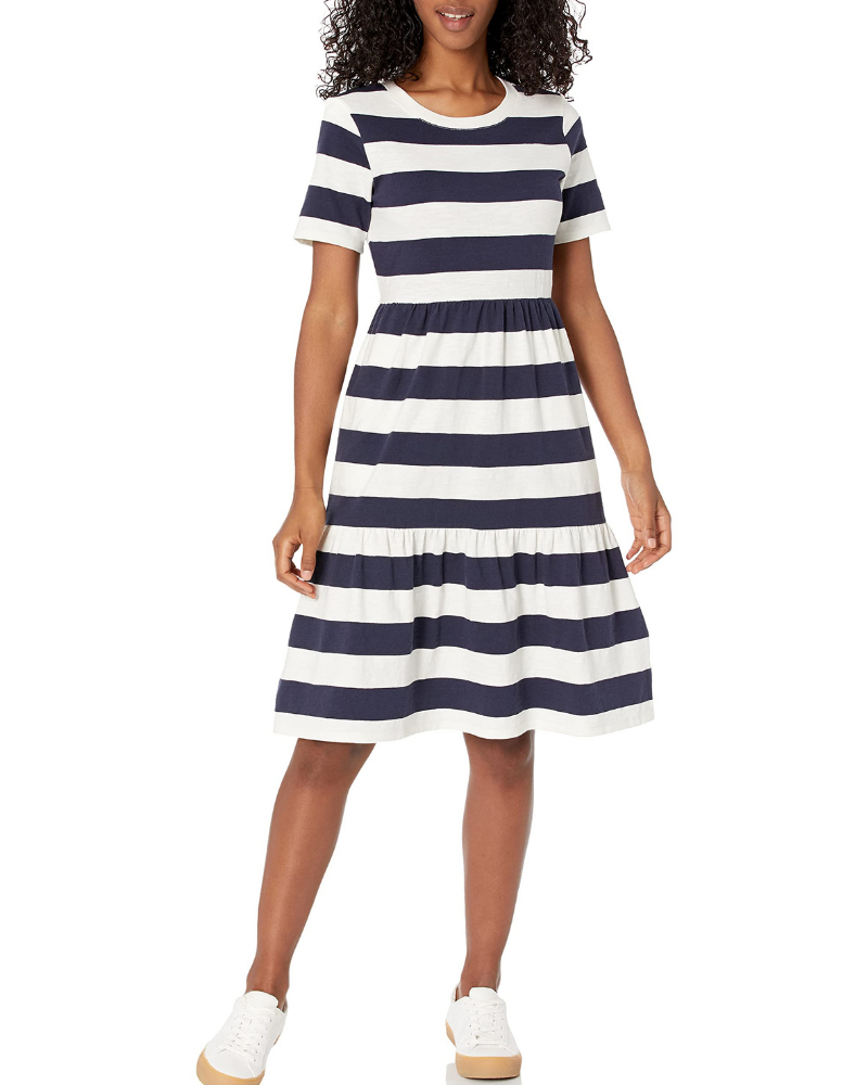 Robe évasée pour femme Bethany Abito – Robe en coton avec col rond, manches courtes et volants