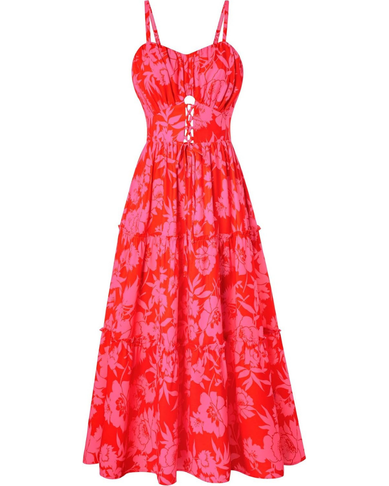 Robe midi pour femme Meredith – imprimé floral, bretelles réglables, dentelle et poches