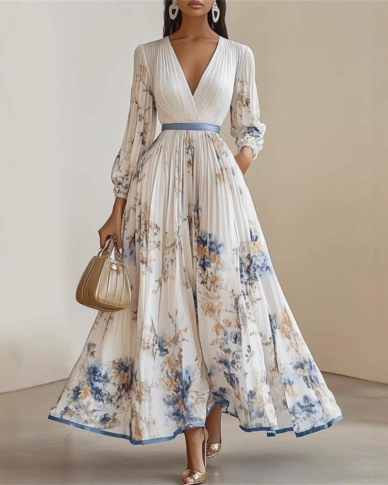 Isabella Vestido Mujer Maxi – Vestido Floral de Chifón con Escote en V y Cintura Alta