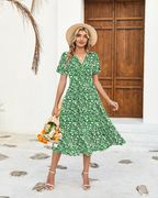 Heather Floral Women’s Midi Dress – V-Neck, High Waist, Short Sleeves, and Pockets
