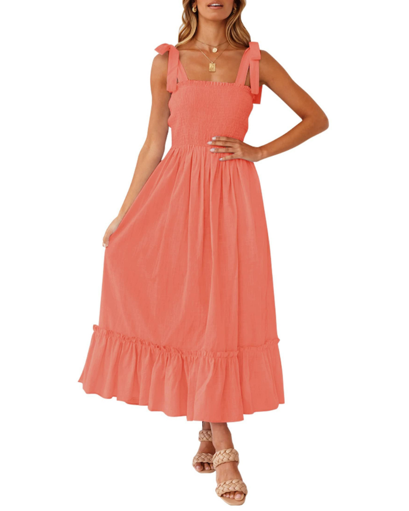 Amelia Women's Dress – Boho Floral Dress with Tied Straps, Smocked Bust & Tiered Skirt