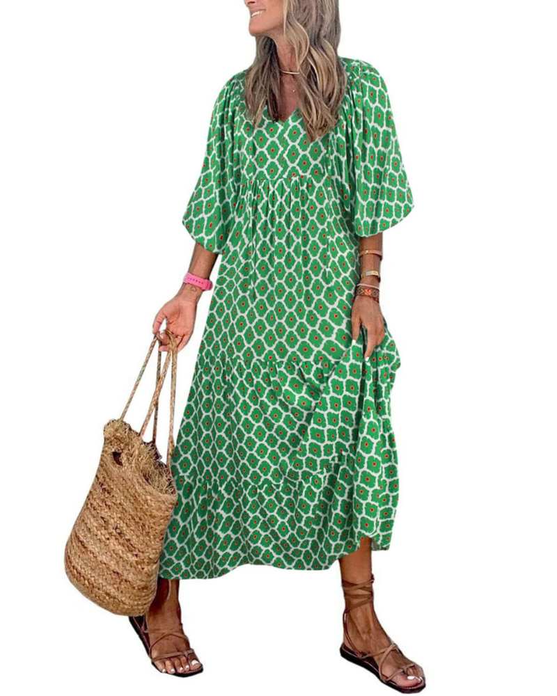 Clara Vestido de Mujer – Vestido Maxi Bohemio con Escote en V, Manga Tres Cuartos y Estampado Geométrico