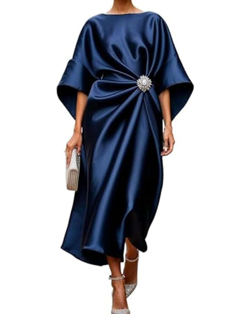 Natalie Abito Maxi Woman – Elegant Satin Dress with Batwing Sleeves and Draped Waist
