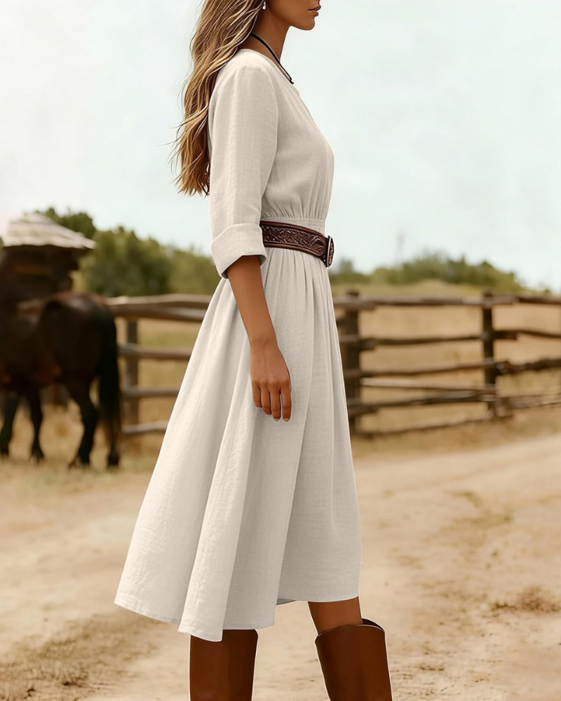 Emily Women's Long Dress – Cotton and Linen, V-Neck, Short Sleeves, and Vintage Buttons