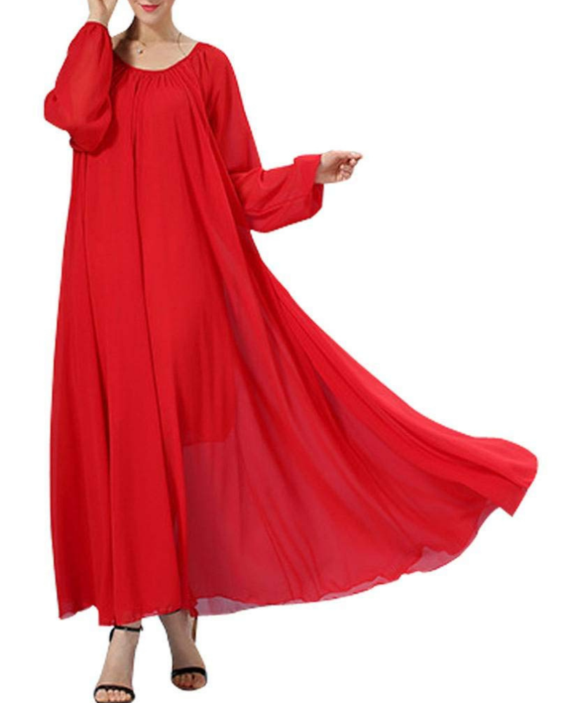 Victoria Abito Donna – Vestido Maxi con Mangas Largas Fluidas, Cuello Redondo y Cinturón en la Cintura