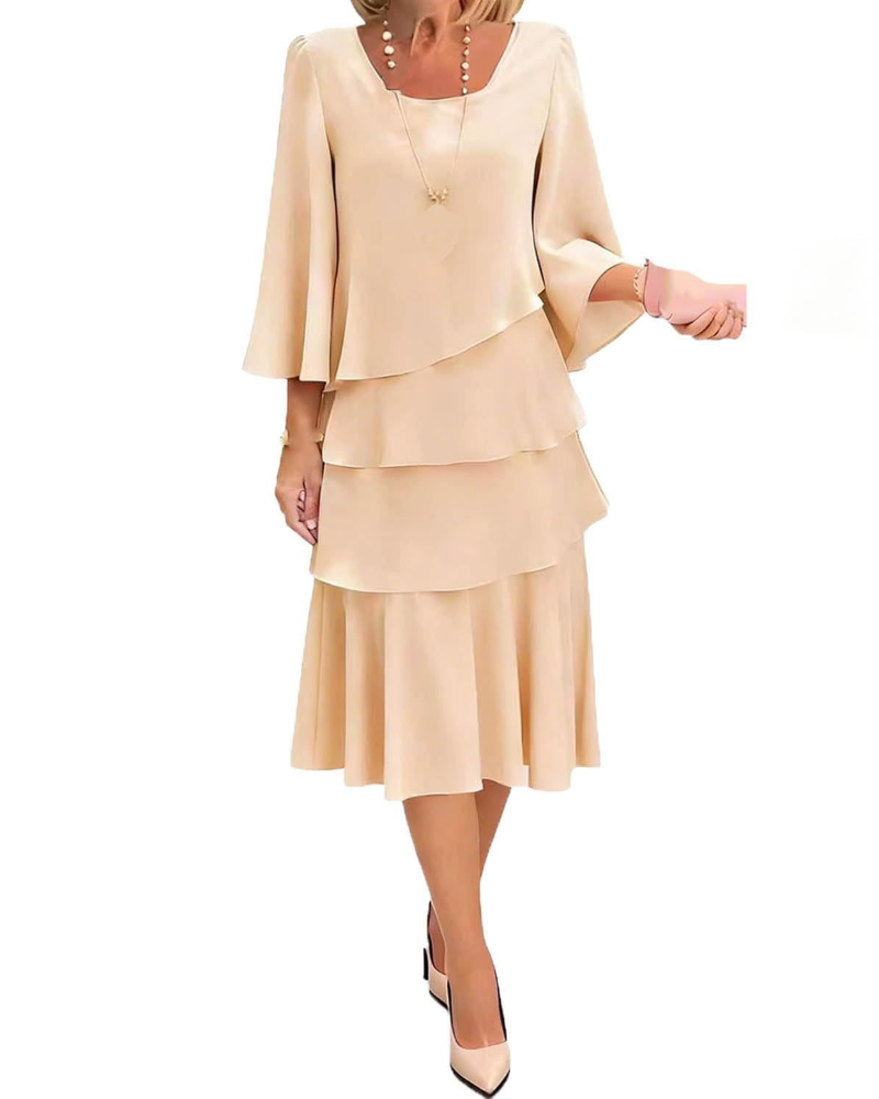 Amelia Vestido Mujer Midi – Vestido Elegante con Volantes y Mangas Acampanadas