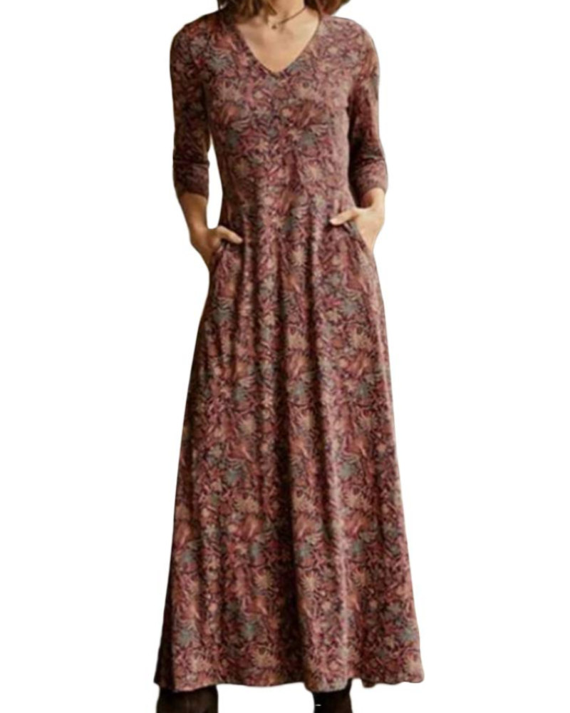 Holly női maxi ruha – boho virágos ruha V-nyakkivágással, hosszú ujjakkal és zsebekkel