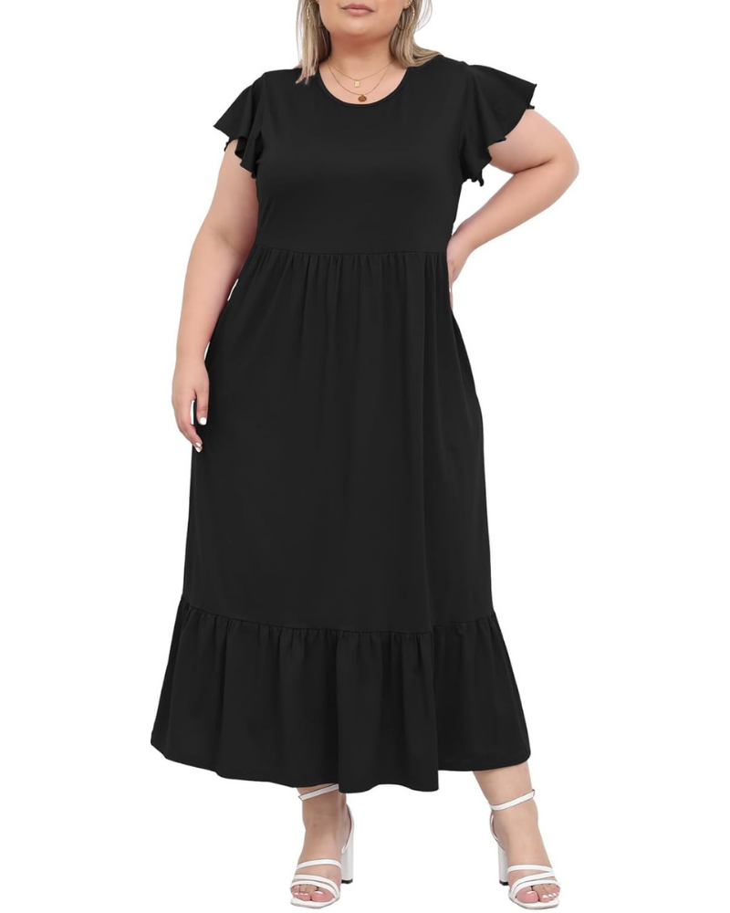 Avery Curvy Women's Maxi Dress – High Waist, Ruffled Sleeves and Side Pockets