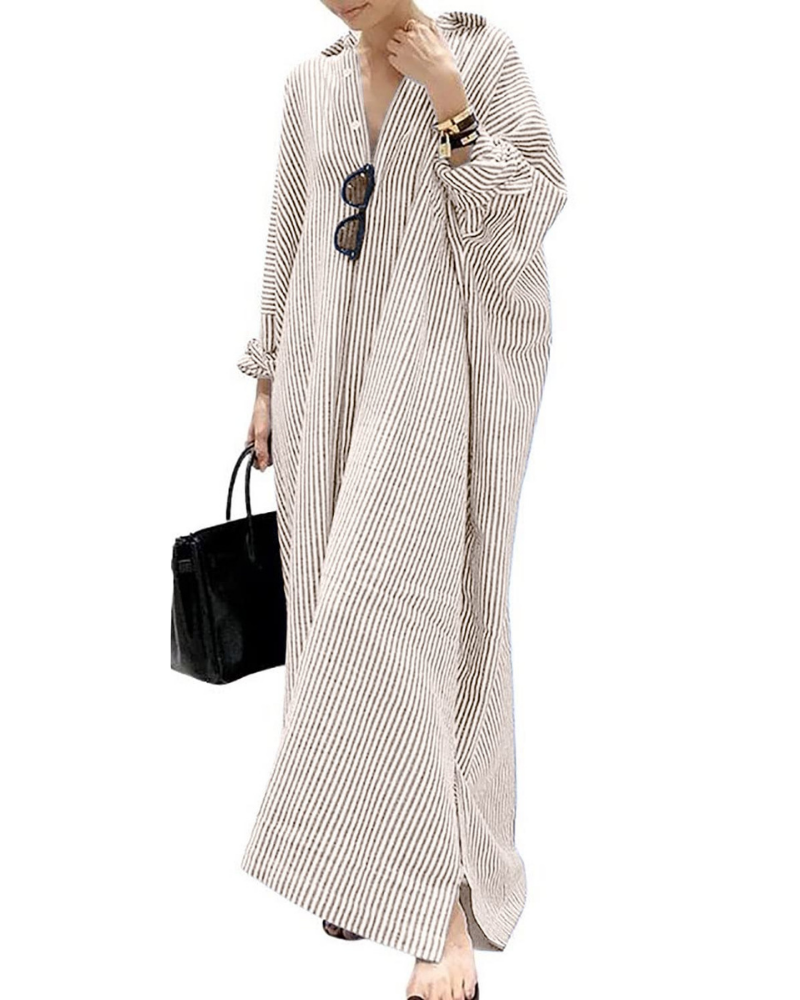 Vestido Maya para mujer – Vestido camisa maxi a rayas con cuello, botones y tela ligera