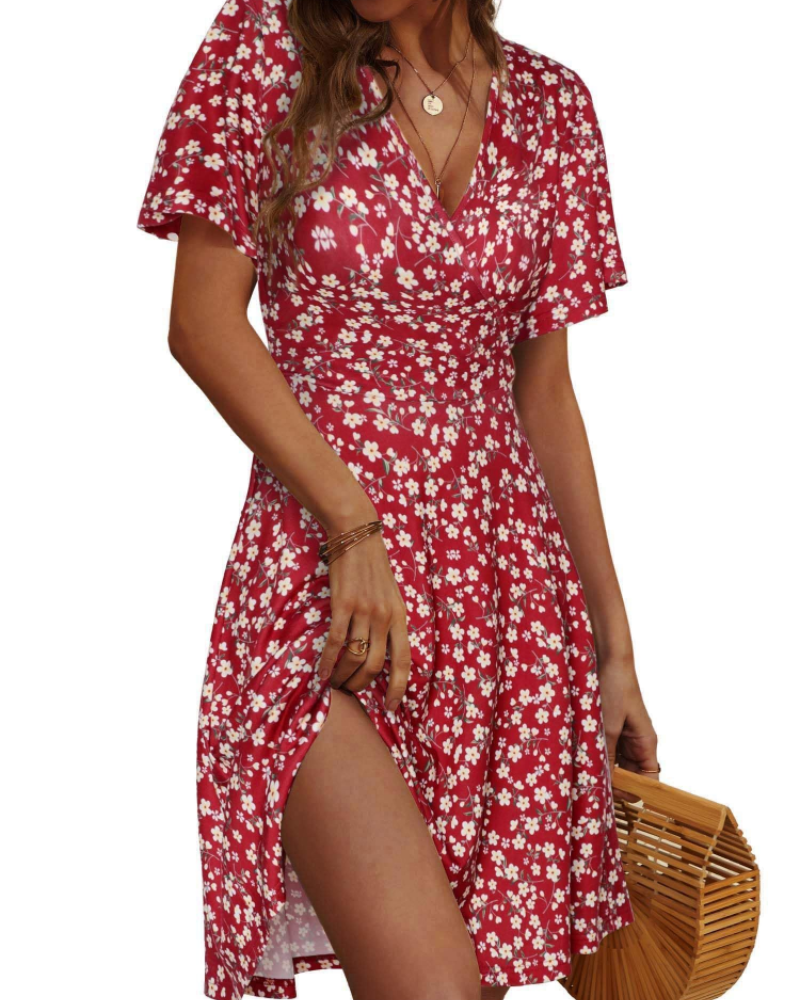 Amber Women's Midi Dress – Floral Wrap Dress with V-Neck and High Waist