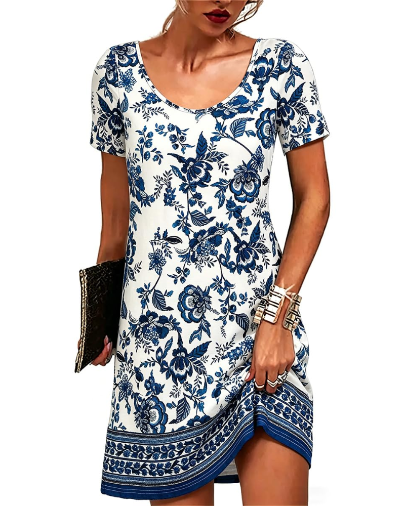 Vestido mini Priscilla para mujer, estilo bohemio – estampado floral, mangas cortas y corte holgado