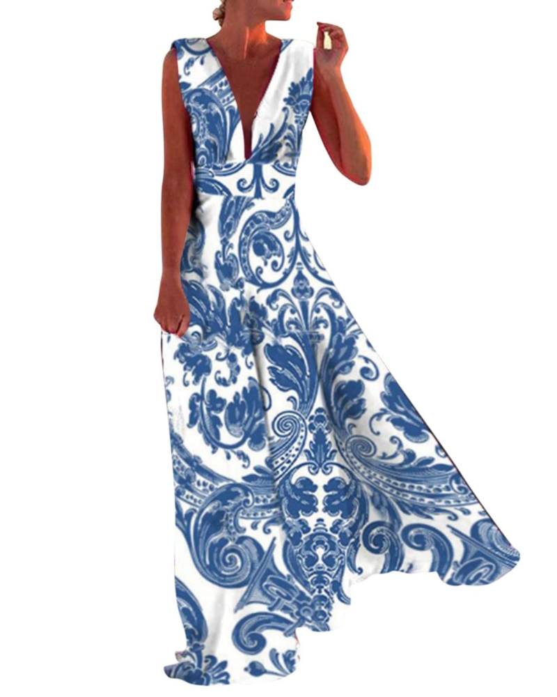 Riley Abito Maxi pentru Femei – Rochie Boho cu Imprimeu, fără Mâneci, cu Decolteu în V și Fermoar